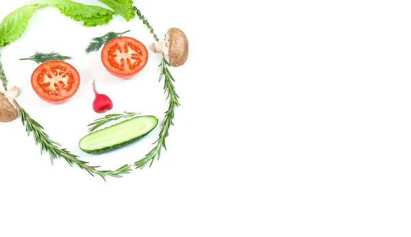Funny Face Different Vegetables Tomatoes Cucumber Radish Dill Rosemary Isolated — Stock Photo, Image
