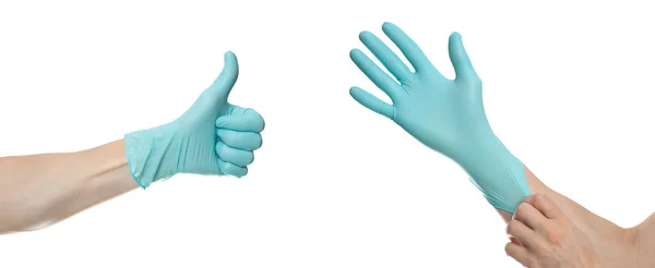 Médico Manos Con Guantes Quirúrgicos Azules Aislados Sobre Fondo Blanco —  Fotos de Stock