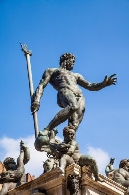 Piazza del Nettuno Neptune çeşme. Bologna, İtalya
