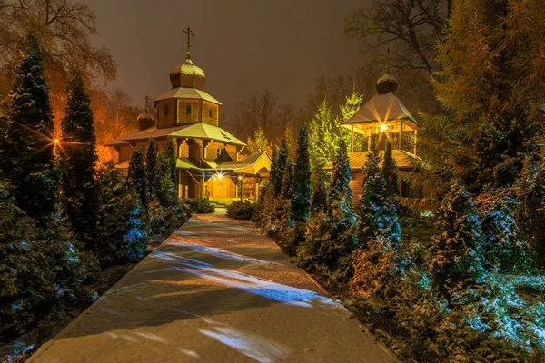 Eerste Sneeuw Avondwandeling Door Stad Victory Park Boyarka Stad Kiev — Stockfoto