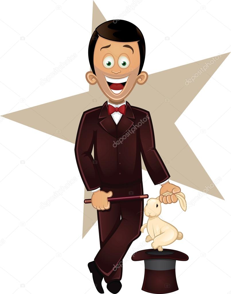 Cartoon vector illustration of magician character holding magic wand with rabbit out of a hat