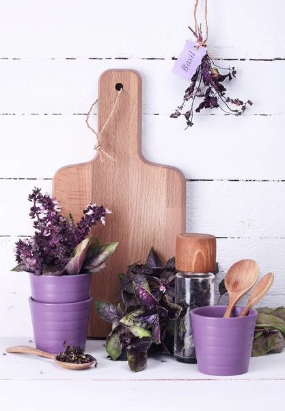 Violet basil and wooden board — Stock Photo, Image