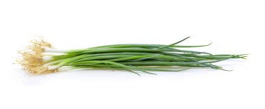 Beyaz arkaplanda yeşil soğan izole edildi