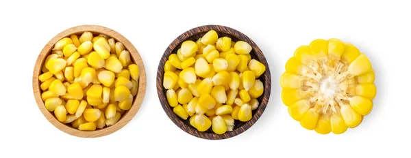 Maïs Zaden Houten Kom Geïsoleerd Witte Achtergrond Bovenaanzicht — Stockfoto