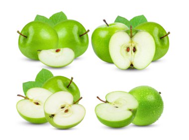 Beyaz arkaplanda yapraklı yeşil elma