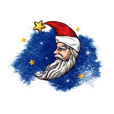 Suluboya lekeli el çizimi Hilal Noel Baba. Vector vintage çizimi. İyi Geceler ve Mutlu Noeller Ay Tasarımı.