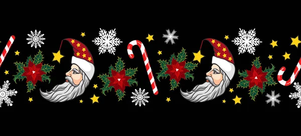 黒の背景にクレセントムーンサンタ ポインセチア キャンディー杖と雪の結晶 ベクトルシームレスパターン デザイナーリボン クリスマスの装飾 — ストックベクタ