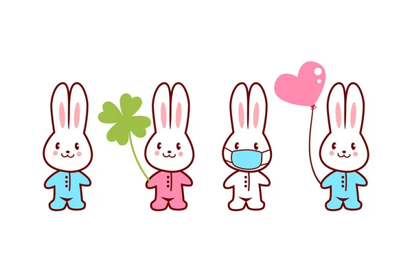 可爱的Kawaii兔子 复活节 圣帕特里克节等的图像 矢量卡通集 — 图库矢量图片