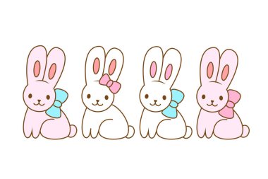 Tatlı Kawaii Tavşanı. Oğlan ve kız. Vektör çizgi film seti.