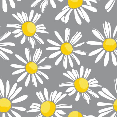 Gri arka planda el yapımı papatya çiçekleri. Vektör kusursuz desen. Modaya uygun çiçek arkaplanı.