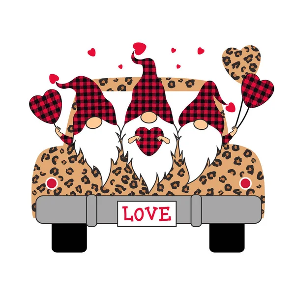 Buffalo Pläderade Valentines Gnomes Leopardbil Semesterkort Vektorillustration — Stock vektor