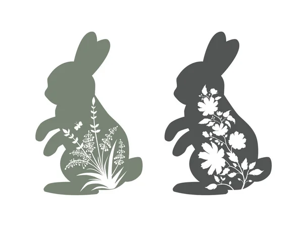 Floral Bunny Silhouette Easter Vector Set Spring Farmhouse Design — Stock Vector