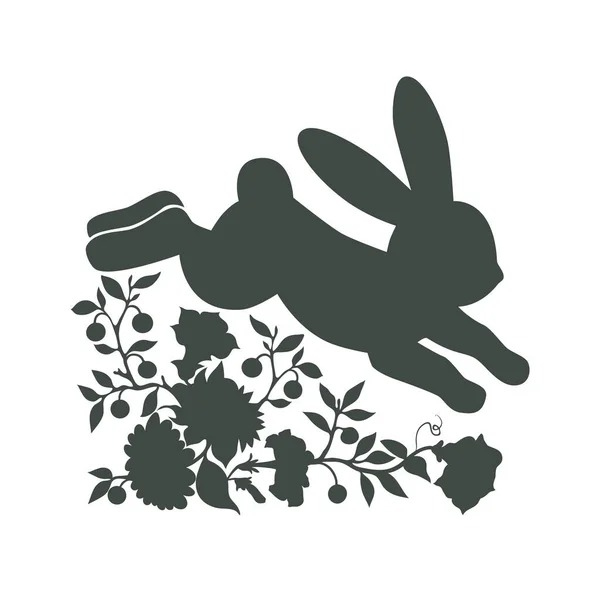 Floral Running Bunny Silhouette Ilustração Vetorial Páscoa Spring Farmhouse Design — Vetor de Stock