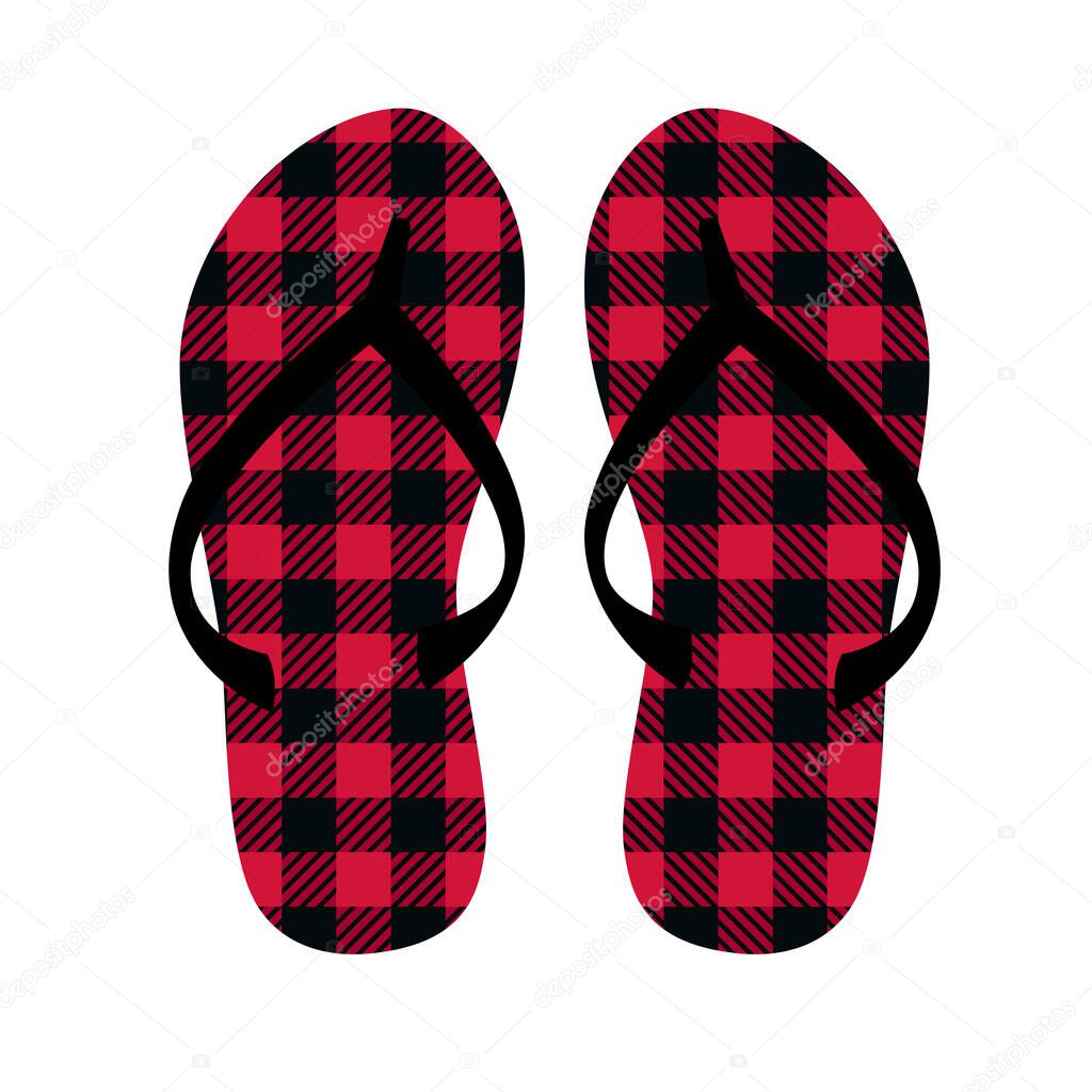 Buffalo plaid retro flip flops. Vector summer shoes. Isolated object on a white background.