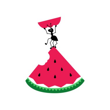 Karınca bir dilim karpuz tutar. Piknik vektörü çizimi. Çizgi film illüstrasyonu.
