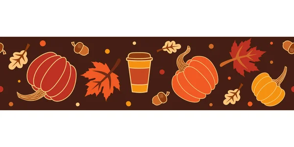 秋天的叶子 橡子和一杯南瓜香料饮料 在深褐色背景上的向量边界无缝图案 设计带 免版税图库插图