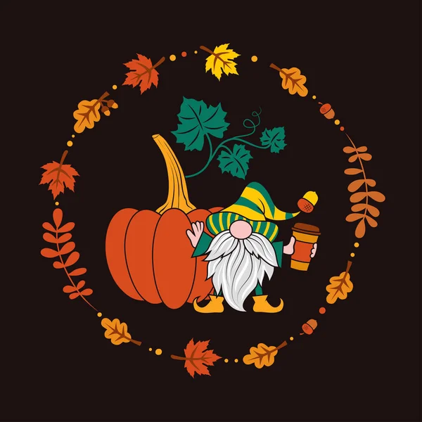 秋の葉のフレームにスパイシーなカボチャの飲み物のカップとカボチャとノーム 休日カード ベクトル秋のデザイン ベクターグラフィックス