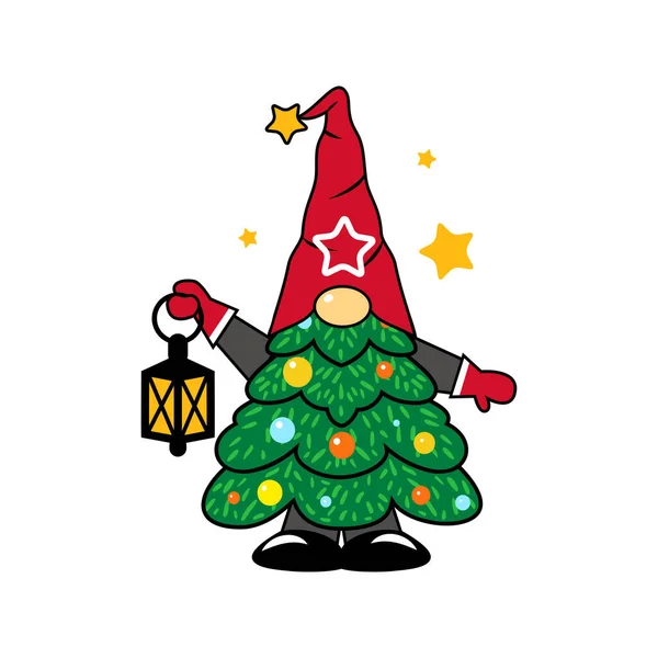 Christmas Tree Gnome Lantern Vector Isolated Cartoon Character Christmas Greeting — Stock Vector