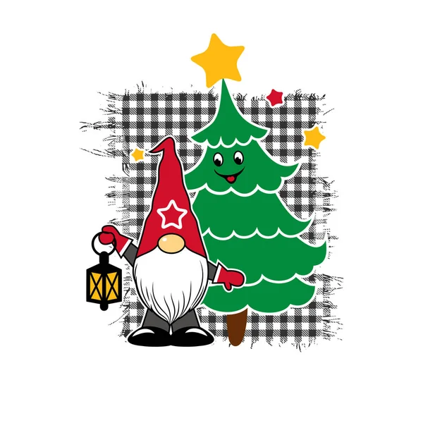 Mignon Gnome Avec Lanterne Joyeux Sapin Noël Sur Fond Carreaux — Image vectorielle