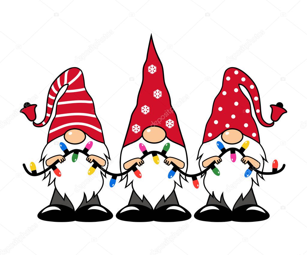 Three Christmas gnomes with a garland. Vector isolated cartoon character. Christmas card.