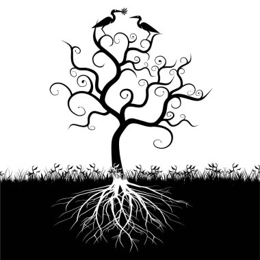 Soyut bir ağaçtaki kuşlar. Doğanın bir sembolü olarak soyut bir ağaçtaki kuşun tasviri