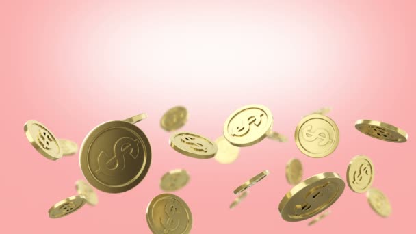 Golden Coins Flying Slow Motion Falling Pink Background Animation — Stock Video