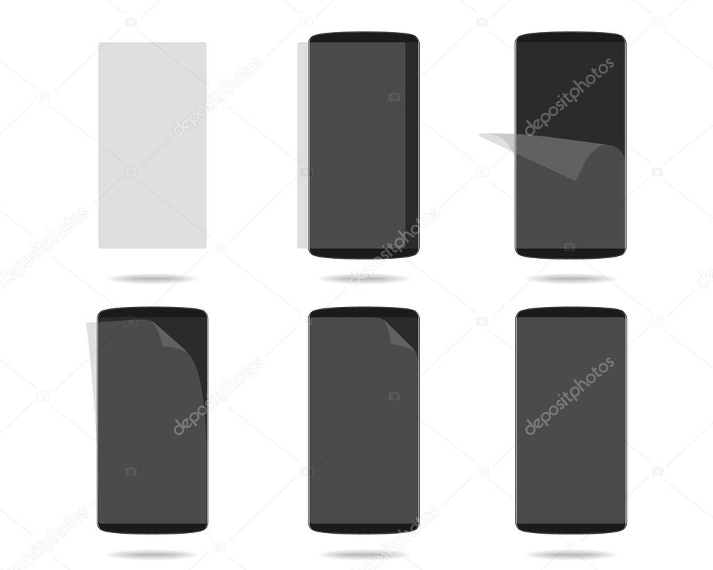 Black smartphones display with protector glass set different ste