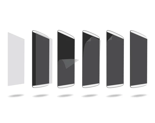 Біла плівка захисту смартфонів на екрані встановлює різні кроки — стоковий вектор