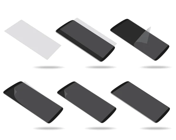 Zwarte smartphones weergeven met protector glas instellen voor verschillende — Stockvector