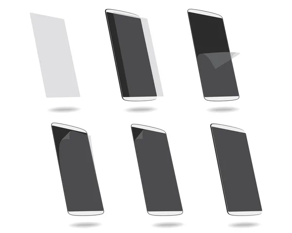 Filme de proteção de telefones inteligentes brancos na tela definir ângulo diferente — Vetor de Stock