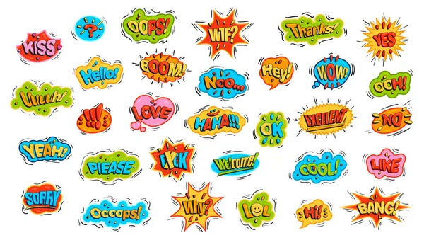 Stripstijl Slogan Stickers Grote Set Jeugdsticker Voor Het Afdrukken Emoji — Stockvector