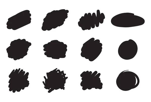 Elementos Diseño Cepillo Dibujado Mano Manchas Tinta Pintura Negra Formas — Vector de stock