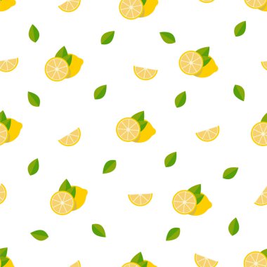 Limonlar kusursuz desen. Mutfak veya kafe için beyaz üzerine tropikal meyveler içeren vektör arkaplan.