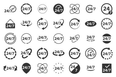 7 gün 24 saat hizmet bir hafta simgesi olarak açılır. Vektör seti.