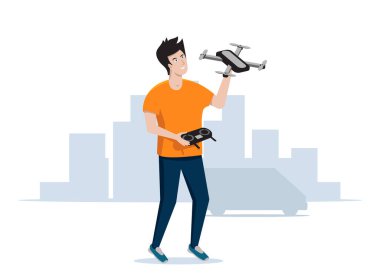 Neşeli adam bir kuadrokopter ya da drone fırlatır. Vektör illüstrasyonu.