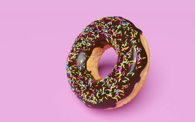 Kafede pişmiş yemek menüsü. Pembe arka planda kremalı lezzetli donut.. 