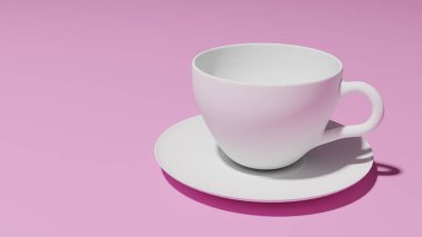Kafenin pembe arka planında boş beyaz porselen bardak.