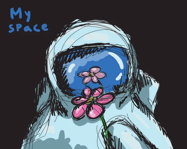 宇宙飛行士はポスター バナーや背景のための花と宇宙で 未来の抽象画 宇宙人ベクトル図 — ストックベクタ