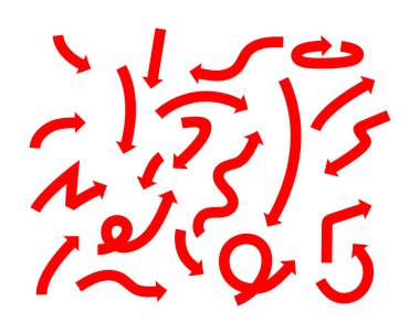 Kırmızı ok simgesi farklı yönü gösteriyor. Web sitesi afişleri ve tasarım unsurları için beyaz arkaplanda izole edilmiş bir simge.