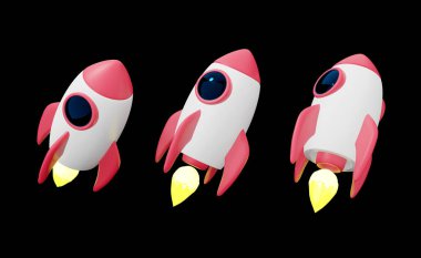 Çizgi roket 3 boyutlu illüstrasyonunu ayarla. Uzayda izole edilmiş kırmızı beyaz uzay gemisi.