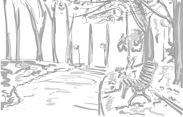 скамейка, огни, деревья в парке, рисовать графический дизайн
