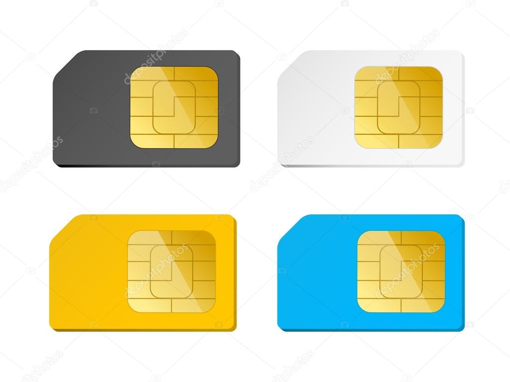 four sim cards black, white, blue, yellow