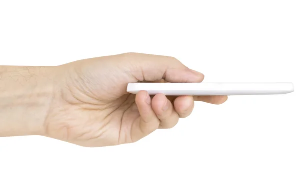 Bordo smartphone bianco nella mano dell'uomo sfondo bianco — Foto Stock