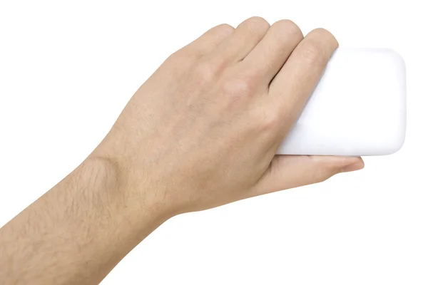Белый горизонтальный смартфон в руке человека белый фон — стоковое фото