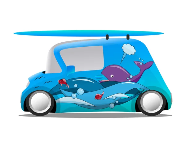 Ocean aerography mini cartoon car with a surfboard — Stock Vector