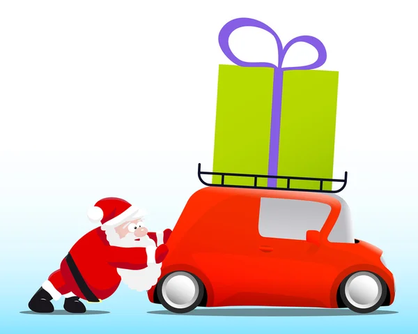 Père Noël poussant une mini voiture rouge avec une boîte cadeau — Image vectorielle