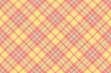 Tailor pattern check textile, famous seamless vector texture. Feminine fabric background plaid tartan in light coral and yellow colors palette.
