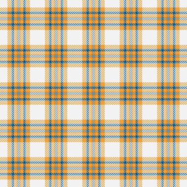 Klasik tartan deseni. Beyaz üzerinde turuncu ve mavi çizgiler kesişen ebedi tekstil tasarımı. Özgeçmiş, doku, moda veya rahat projeler için ideal.