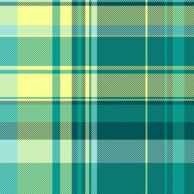 Stylish plaid pattern with intersecting stripes in teal, green and yellow. Ideal for backgrounds, textiles, graphic design, and adding a classic, versatile touch.