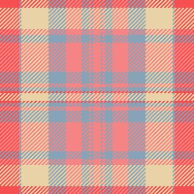 Renkli tekstil arkaplanı pürüzsüz, cazibe kontrol deseni dokusu. Açık mercan ve pastel renk paletinde halk kumaşı tartan vektör ekoseli.